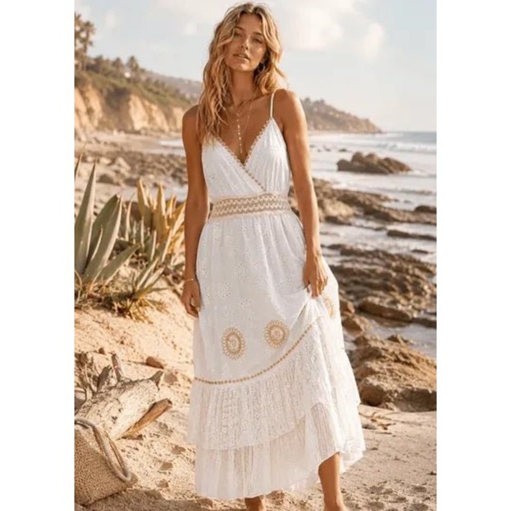 ADDCONFDT White Eyelet Lace Maxi Dress Gold Embroidery LD053 Small NWT